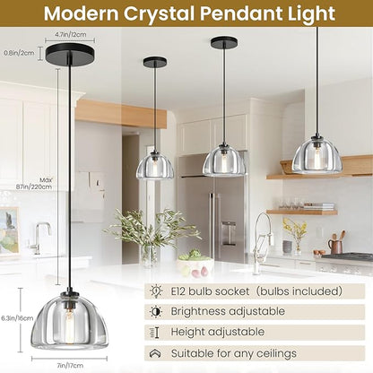 Crystal Pendant Light Kitchen Island: 7" Vintage Brass Hanging Lights above Dining Table - Modern K9 Crystals Lighting over Kitchen Sink - Luxury Black Hemispher Pendants Light Fixtures Bulbs Included