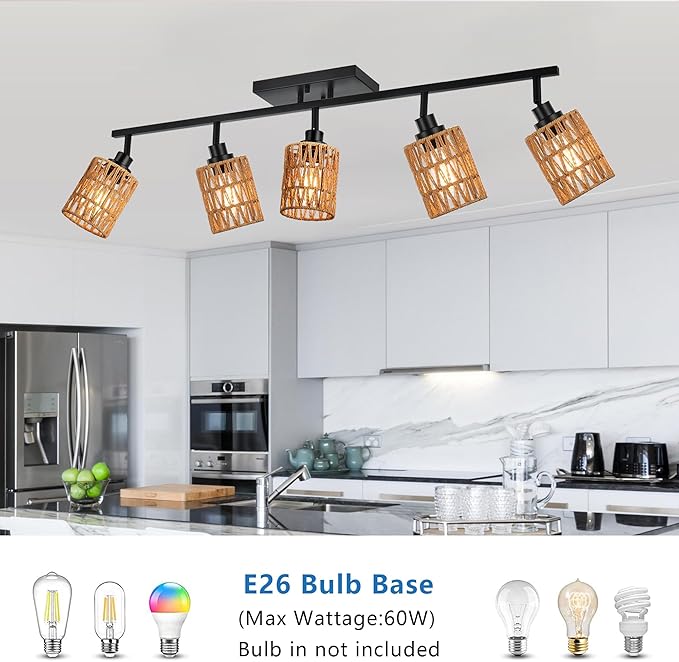 MELUCEE 5 Light Black Track Ceiling Light Fixture with Rattan Lamp Shade, Farmhouse Vanity Lights for Bathroom with Rotatable Light Head, Spotlight Track Lighting for Hallway Porch Foyer Bath