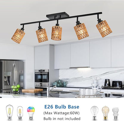 MELUCEE 5 Light Black Track Ceiling Light Fixture with Rattan Lamp Shade, Farmhouse Vanity Lights for Bathroom with Rotatable Light Head, Spotlight Track Lighting for Hallway Porch Foyer Bath