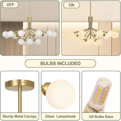Depuley Bubble Ball Sputnik Chandelier: 18-Light Glod Modern Mid-Century Chandeliers for Dining Room - Milky White Glass Ceiling Light Fixture Height Adjustable Kitchen Over Table Included G9 Bulbs