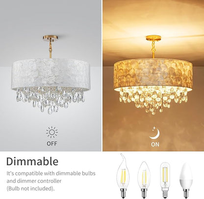 LumFurn X-Large 6-Light Drum Capiz Shell Crystal Chandeliers, Coastal Style Pendant Light Fixture for Dining Room, Living Room, D24 x H23~71 inch(Adjustable), Shell Lampshade & Gold Finish