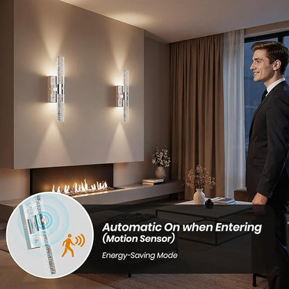 IRONPAX Wall Sconces Battery Operated Set of 2, Wireless Rechargeable Wall Sconce Set of Two, Dimmable Wall Lights with Remote for Bedroom Living Room Hallway Decor (Chrome, Bubble Crystal)