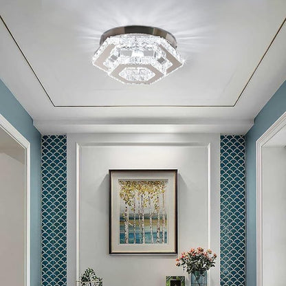 Modern Crystal Chandelier LED Flush Mount Ceiling Light Hexagonal Pendant Lamp Fixture 3 Color Changing Ceiling Light for Bedroom Hallway Bar Living Room Bathroom