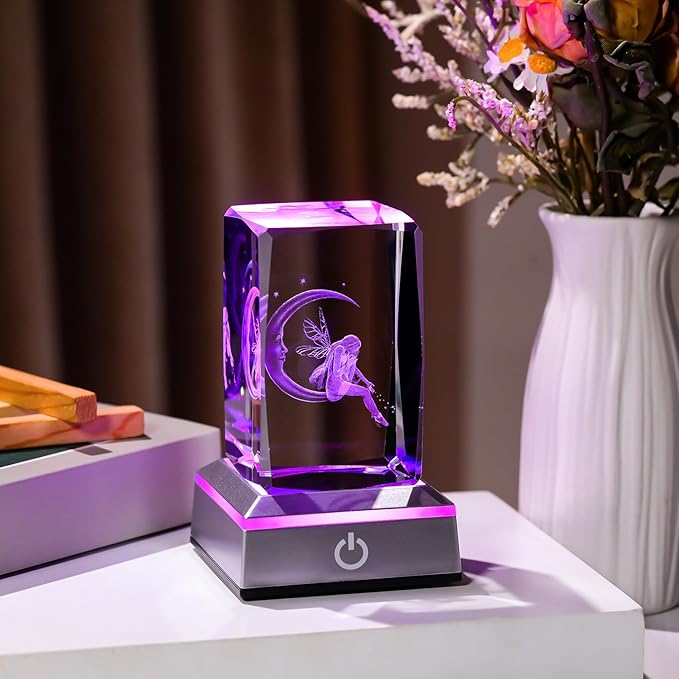 3D Crystal Cube Fairy & Moon Figurines Night Light Room Decor Engraved Glass Fairy Gifts for Girls Adults Women, Collectible Paperweight Statue Ornament