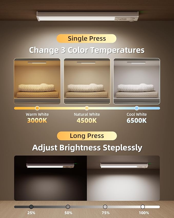 EZVALO Under Cabinet Lighting Wireless, 3Pack 7.8'' Rechargeable Closet Lights, LED Motion Sensor Indoor, Dimmable & 3 Color Temps Battery Operated with Power Display, for Kitchen, Stairs, Bookshelf
