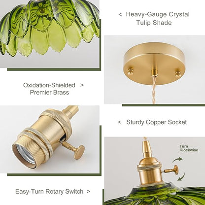 2 Pack Glass Pendant Lights Kitchen Island, Vintage Brass Pendant Light Fixtures, Adjustable Green Kitchen Pendant Lighting Over Island for Bedroom Living Room Hallway Dining Room