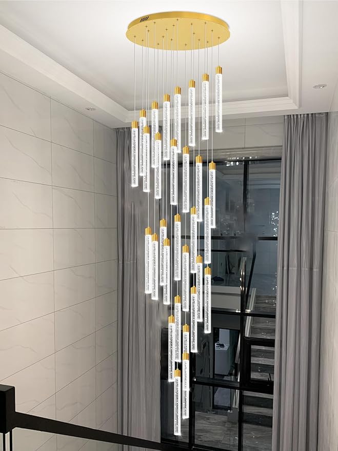 177'' Long Crystal Column Chandelier Gold 30-Lights Extra Large High Ceiling Chandelier Dimmable Pendant Lighting Staircase Foyer Entryway Light Source is Replaceable
