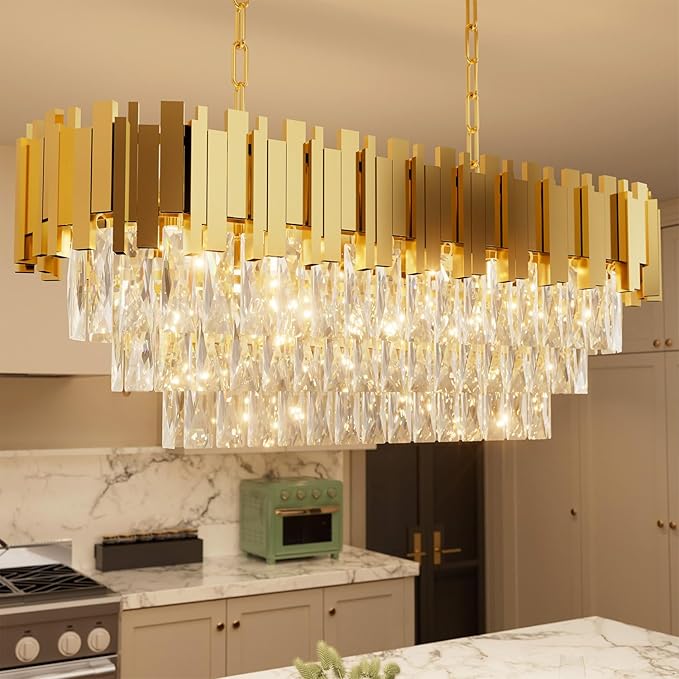 32" Modern Rectangle Crystal Chandelier for Dining Room, 8-Light Gold Crystal Raindrop Chandeliers, Adjustable Height Chandelier for Staircase, Living Room, Foyer