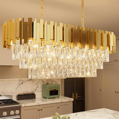 32" Modern Rectangle Crystal Chandelier for Dining Room, 8-Light Gold Crystal Raindrop Chandeliers, Adjustable Height Chandelier for Staircase, Living Room, Foyer