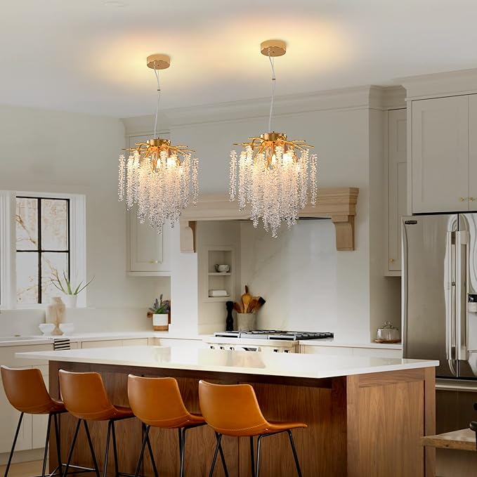 Modern Tree Branch Chandelier, D11.8'' Gold Crystal Raindrop Indoor Hanging Pendant Light Fixture for Dining Room Kitchen Island Bedroom 5 Lights