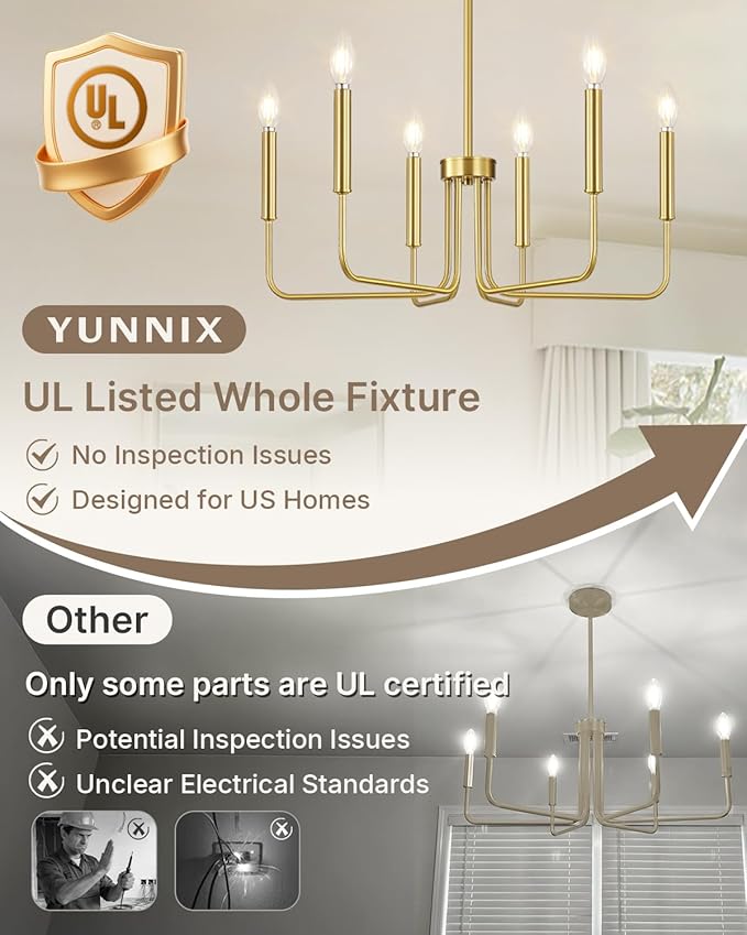 Yunnix Gold Chandelier 6-Light Modern Vintage Candle Pendant Light Fixture in Brass for Dining Room, Kitchen Island, Bedroom and Foyer Lighting (Bulb Not Included)