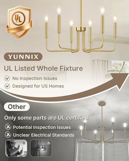 Yunnix Gold Chandelier 6-Light Modern Vintage Candle Pendant Light Fixture in Brass for Dining Room, Kitchen Island, Bedroom and Foyer Lighting (Bulb Not Included)