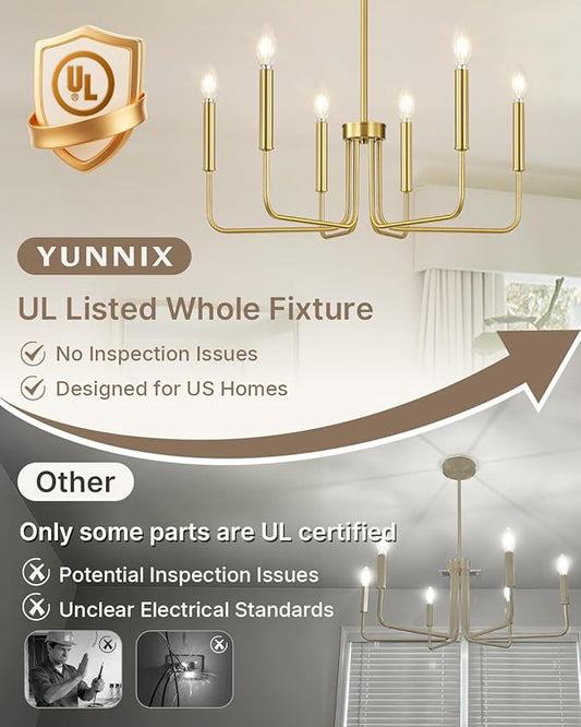 Yunnix Gold Chandelier 6-Light Modern Vintage Candle Pendant Light Fixture in Brass for Dining Room, Kitchen Island, Bedroom and Foyer Lighting (Bulb Not Included)