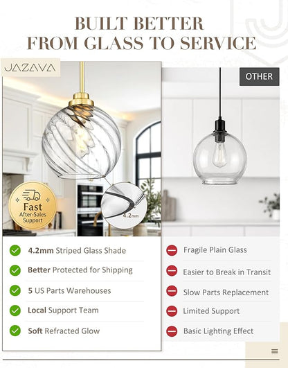 8 Inch Modern Farmhouse Pendant for Kitchen Island, Adjustable Height Hanging Fixture with Ribbed Glass, Gold Finish, Dining Room Entryway - PL101SBG-L