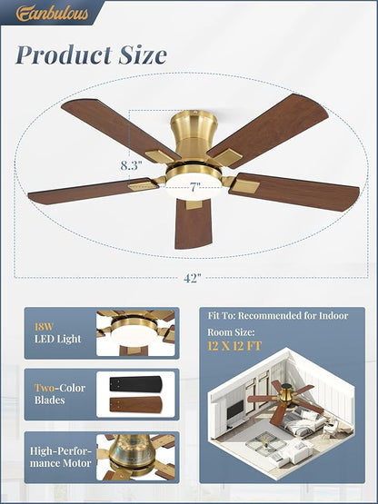 Fanbulous 42 inch ceiling fan with light, Low Profile Ceiling Fan with Light, App&Remote Control, Dimmable LED Light, Flush Mount Ceiling Fan for Indoor Bedroom Living Room, Qiuet DC Motor