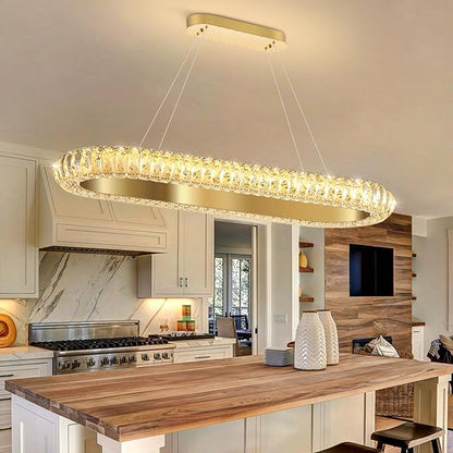 32'' Oval Ring Crystal Chandelier Modern LED Dimmable Ring Pendant Light Chandelier for Dining Room Living Room Gold