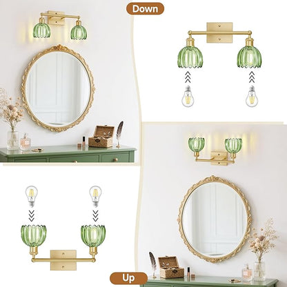 Bathroom Lights Over Mirror,2-Light Vintage Vanity Light Fixtures,Retro Brass Bathroom Light, Flower Wall Sconce With Green Tulip Glass Shade For Bedroom, Living Room, Dressing Table, E26 Base