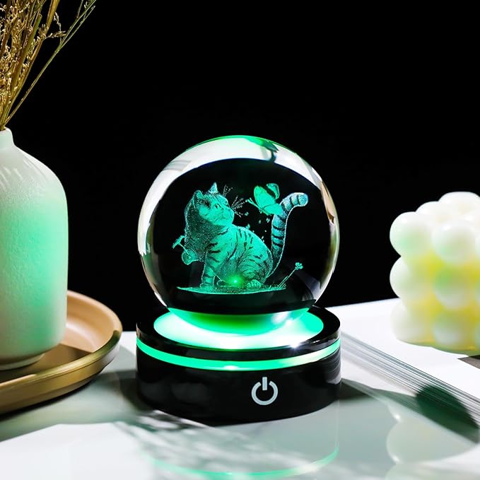 YWHL 3D Crystal Cat and Butterfly Figurines Ball with Colorful Light Base, Laser Engraved Cat Sphere for Women Men,Birthday Gifts for Lover, Animal Snow Globes Collection for Home Decor(80mm)