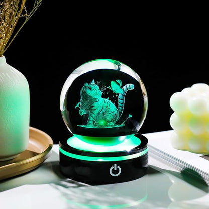YWHL 3D Crystal Cat and Butterfly Figurines Ball with Colorful Light Base, Laser Engraved Cat Sphere for Women Men,Birthday Gifts for Lover, Animal Snow Globes Collection for Home Decor(80mm)