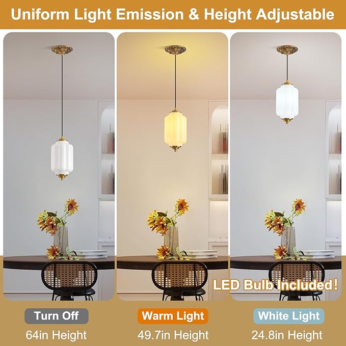 Milk Glass Pendant Light, 5.5in Small Schoolhouse Light Fixture, LED Bulb Included, Vintage Art Deco Chandelier for Kitchen Island Dining Room Bedroom Hallway, White & Antique Gold 1 Pack