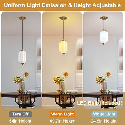 Milk Glass Pendant Light, 5.5in Small Schoolhouse Light Fixture, LED Bulb Included, Vintage Art Deco Chandelier for Kitchen Island Dining Room Bedroom Hallway, White & Antique Gold 1 Pack