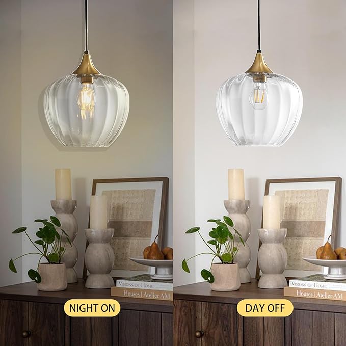Clear Glass Pendant Lights Kitchen Island, 9" Round Lampshade Vintage Hanging Lamp Ceiling Lighting Fixtures, Gold Modern Chandelier for Dining Room Restaurant Bedroom Foyer Entryway