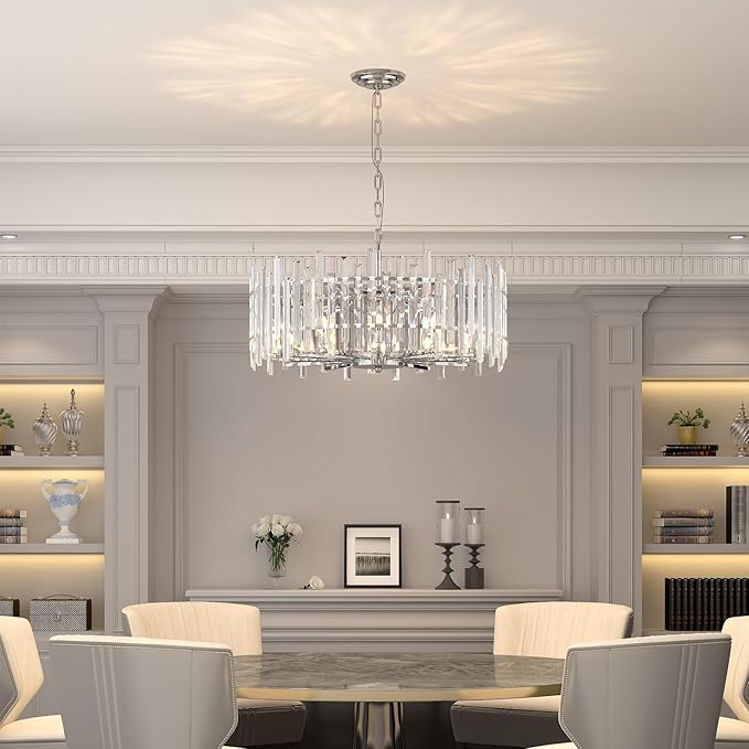 Chrome Crystal Chandeliers for Dining Room, 27.6" Modern Round Chandelier Large Adjustable Height Ceiling Hanging Pendant Light Fixture for Dining Living Room Bedroom