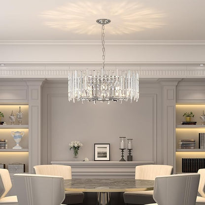 Chrome Crystal Chandeliers for Dining Room, 27.6" Modern Round Chandelier Large Adjustable Height Ceiling Hanging Pendant Light Fixture for Dining Living Room Bedroom