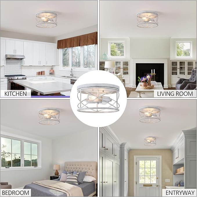 2-Light Flush Mount Distressed White Ceiling Light Fixture, Farmhouse Vintage Industrial Metal Cage, Dimmable for Hallway Kitchen Bedroom Living Room Laundry Utility Room Bathroom Entryway