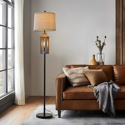 G-SAFAVA 63" Farmhouse Floor Lamps for Living Room Bedside Nightstand Lamp Black Tall Standing Lamp for Home Decor Bedroom Reading Wood Lamp Rustic Bed Lights with 2 Light Sources