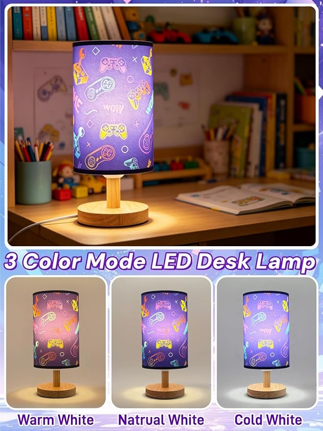 Video Game Lamp, Boy for Bedroom Reading Lamp-3-Way Dimmable Bedside Night Light with Cartoon Pattern Printed Shade and Wood Base for Kids Room,Game or Living Decor, Birthday Gifts for Boys