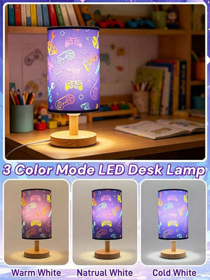 Video Game Lamp, Boy for Bedroom Reading Lamp-3-Way Dimmable Bedside Night Light with Cartoon Pattern Printed Shade and Wood Base for Kids Room,Game or Living Decor, Birthday Gifts for Boys