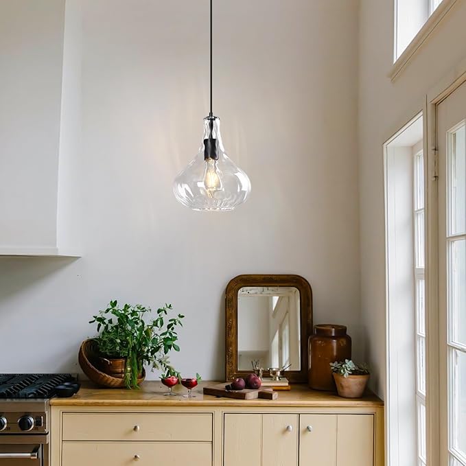 Modern Glass Pendant Light 9.44 in Clear Hammered Glass Shade Black Farmhouse Island Pendant Lights for Kitchen Pendant Lighting Over Sink Dining Room Bedroom