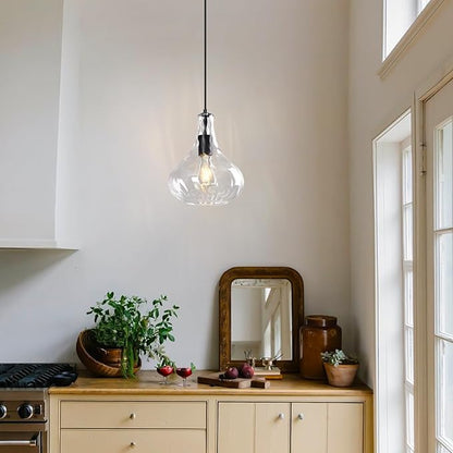 Modern Glass Pendant Light 9.44 in Clear Hammered Glass Shade Black Farmhouse Island Pendant Lights for Kitchen Pendant Lighting Over Sink Dining Room Bedroom
