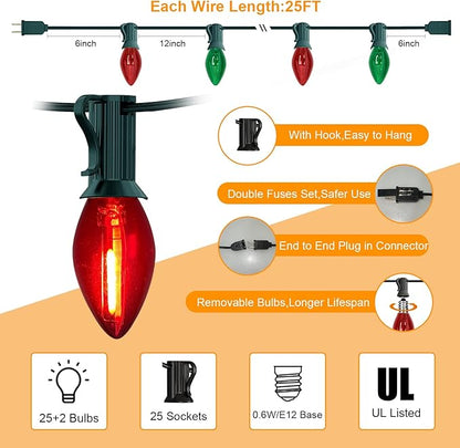 Abeja 25Ft Christmas Lights Multicolor, C7 Red Green Vintage Christmas Lights with 27 Glass Bulbs, Hanging Outdoor String Lights for Holidays, Christmas Prom Party Wedding Decor, Red/Green