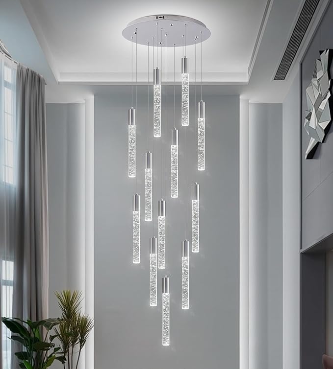 Modern High Ceiling Crystal Chandelier 12-Lights, Large Spiral LED Raindrop Foyer Pendant Lighting, Bubble Staircase Living Room Hanging Light Fixture Flush Mount Chrome
