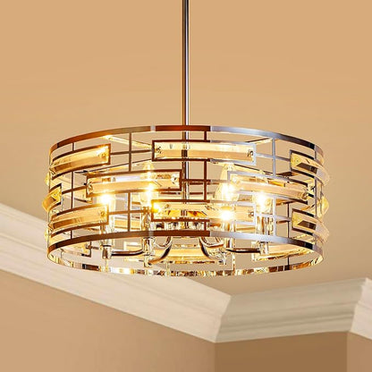 Saint Mossi Modern K9 Crystal Chandeliers, Drum Pedant Light Fixture for Living Space, D18 x H24, Adjustable Chains 59", Chrome Finish Metal Frame