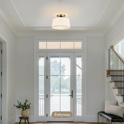 Modern Ceiling Light Fixture, 10 Inch Semi Flush Mount Lamp with Linen Shade, E26 Base, Gold for Kitchen Bedroom Hallway Closet Entryway Room Small Spaces
