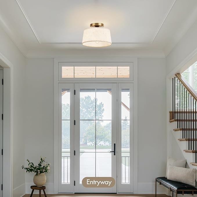 2P Modern Ceiling Light Fixture, 10 Inch Semi Flush Mount Lamp with Linen Shade, E26 Base, Gold for Kitchen Bedroom Hallway Closet Entryway Room Small Spaces, 2 Pack
