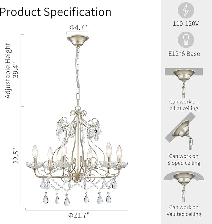 WUZUPS Crystal Candle Chandelier Pendant Flushmount Ceiling Light Modern Lighting Fixture for Bedroom Hallway Bar Kitchen Bathroom, H 22.5" x W 21.7", Nickel, E12 Base