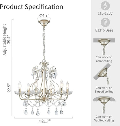 WUZUPS Crystal Candle Chandelier Pendant Flushmount Ceiling Light Modern Lighting Fixture for Bedroom Hallway Bar Kitchen Bathroom, H 22.5" x W 21.7", Nickel, E12 Base