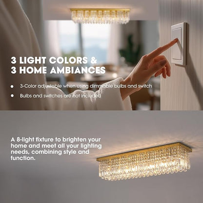 Modern Crystal Chandeliers for Dining Room Light Fixture, 8-Light Gold Rectangle Chandelier Ceiling Light for Kitchen Island Living Room, L39.4 Inch