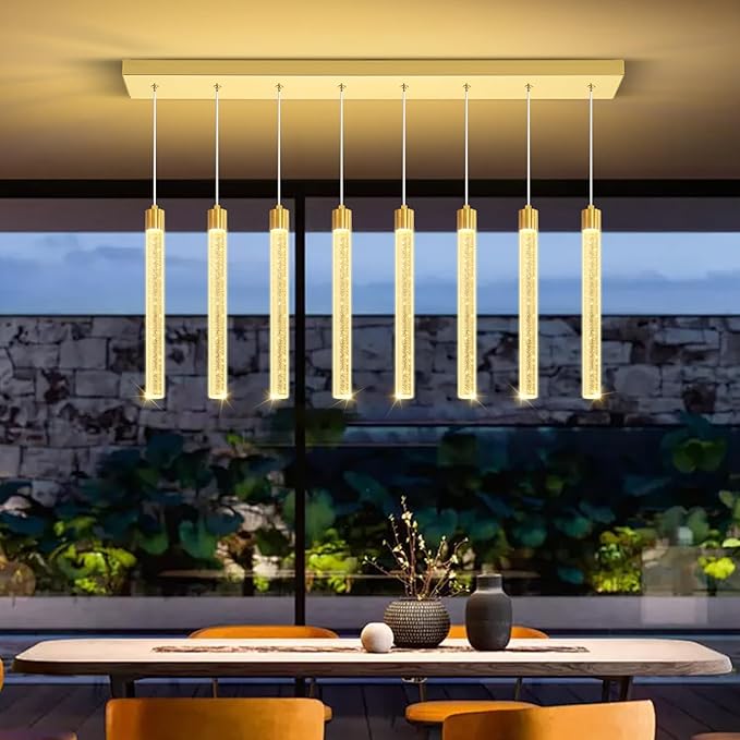 Modern Rectangular Crystal Chandelier LED Dimmable Crystal Column Chandelier Living Room Crystals Pendant Light for Dining Room Adjustable Height 8-Light Gold