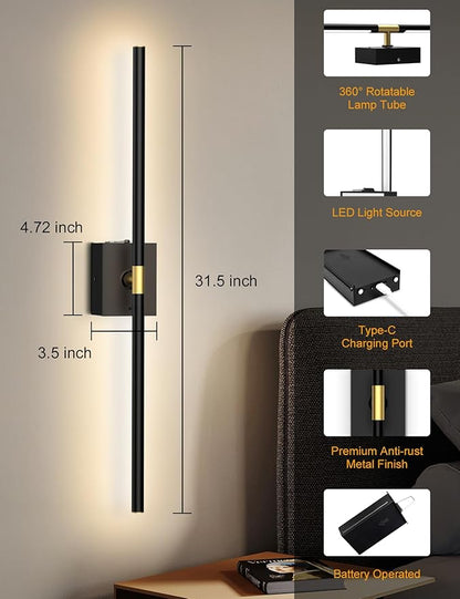 Battery Operated Wall Sconces Set of 2: 10000mAh Rechargeable Wall Lights, Easy Install 360° Rotate 3000K-6000K LED Wireless Wall Light Decor for Bedroom Living Room Hallway Picture Lighting Gallery