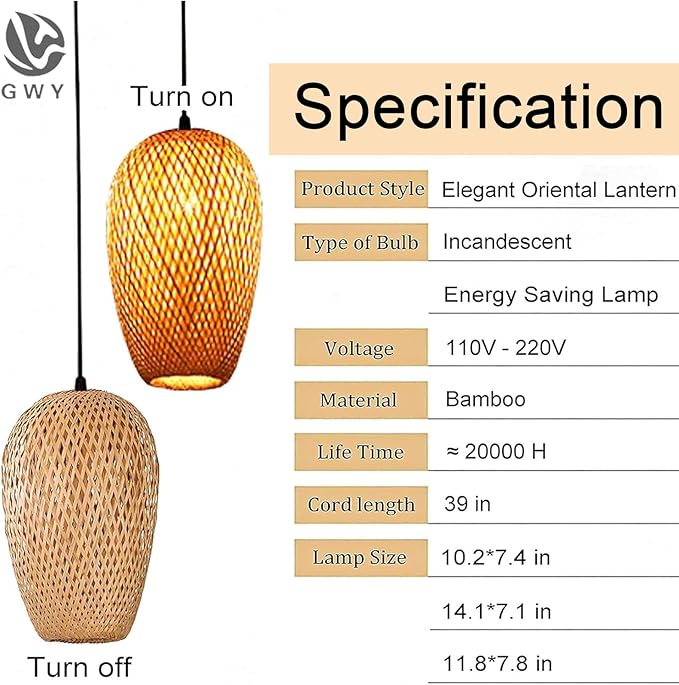 GWY Bamboo Lantern Pendant Lamp, Retro Japanese Style Nature E27 Chandelier Hanging Light Ceiling Lighting Fixture for Living Room Bedroom Restaurant Cafe Teahouse Bar Dining Room Club