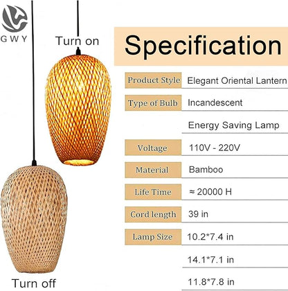 GWY Bamboo Lantern Pendant Lamp, Retro Japanese Style Nature E27 Chandelier Hanging Light Ceiling Lighting Fixture for Living Room Bedroom Restaurant Cafe Teahouse Bar Dining Room Club