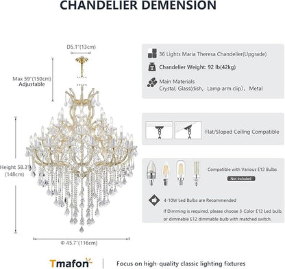 Large Gold Chandelier Light Fixtures - 36 Lights, 4 Layers Modern Crystal Chandeliers for Hotel, Lobby, Foyer, Entrance Hall, Staircase
