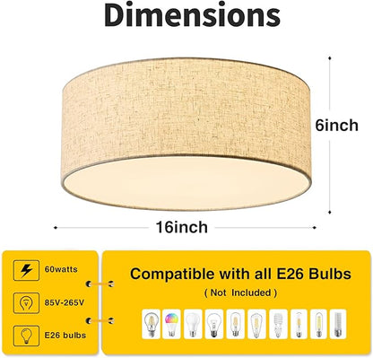 16-Inch Flush Mount Ceiling Light Fixture with Linen Fabric Shade, Modern Drum Light Fixture 3-Light Bedroom Lights for Ceiling, Farmhouse for Living Room, Dining Room, Kitchen, Entrance