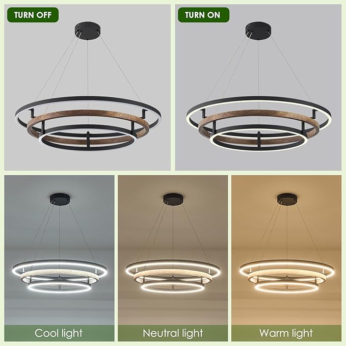 Benkut 3 Rings Modern LED Chandelier Black Dimmable Circular Pendant Light for Dining Room, Foyer Chandelier with Remote Control Flush Mount High Ceiling Light for Kitchen Living Room, D30.7In