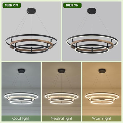 Benkut 3 Rings Modern LED Chandelier Black Dimmable Circular Pendant Light for Dining Room, Foyer Chandelier with Remote Control Flush Mount High Ceiling Light for Kitchen Living Room, D30.7In